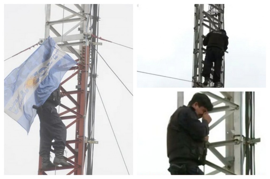 Protestas policiales: un efectivo se subió a una antena y amenaza con saltar